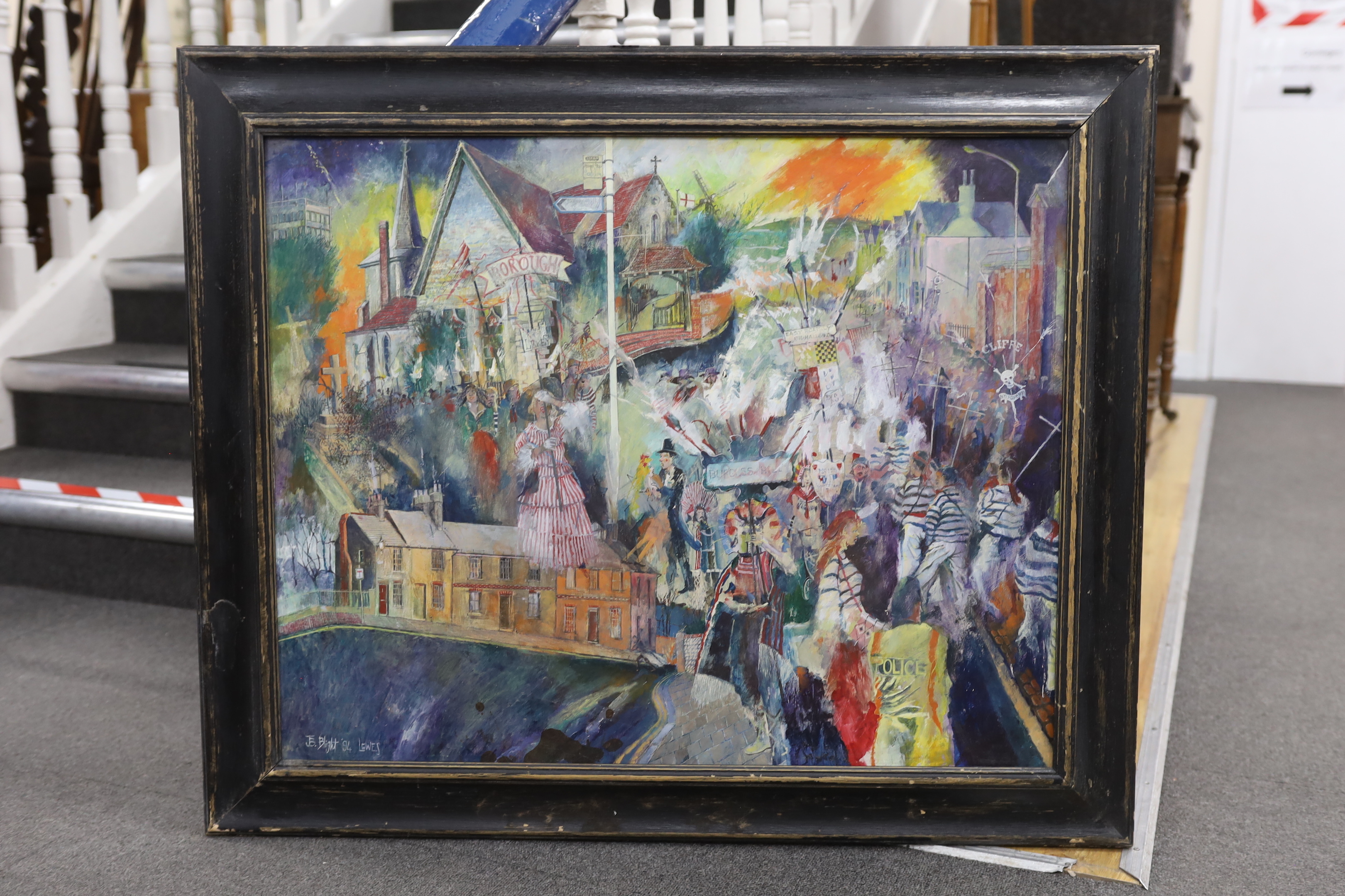 J. B. Blight, mixed media on board, Lewes Bonfire parade, signed and dated '94, 60 x 75cm